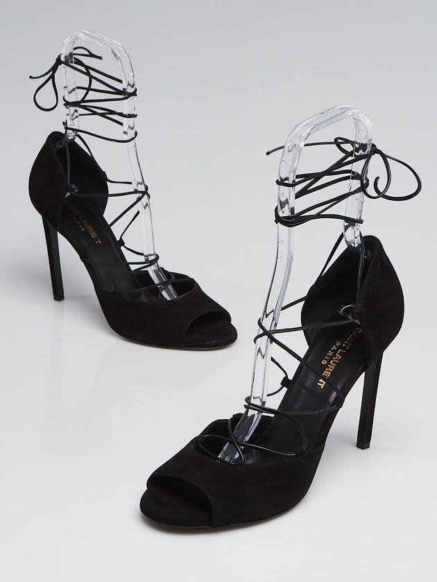 Yves Saint Laurent Black Suede Lace Up Peep-Toe Sandals Size 9/39.5