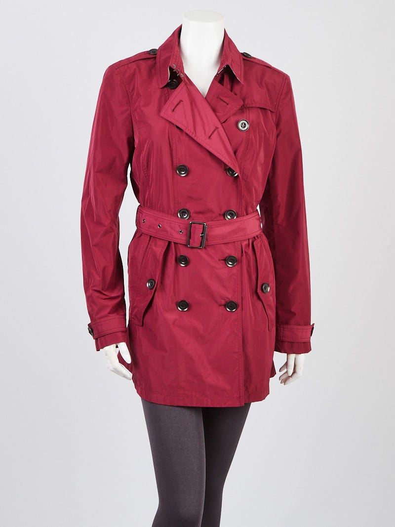 Burberry Brit Raspberry Polyester Double Breasted Belted Trench Coat Size  10 - Yoogi's Closet