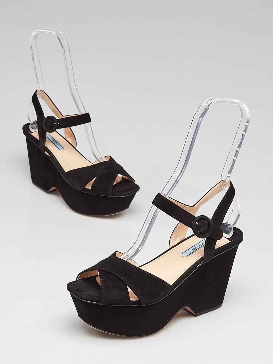 Prada Black Suede Platform Wedges Size 8/38.5