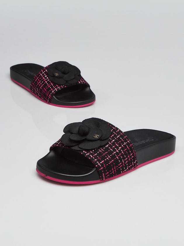 Chanel Black/Pink Tweed and Grosgrain Ribbon Camellia Slide Sandals Size 7.5/38
