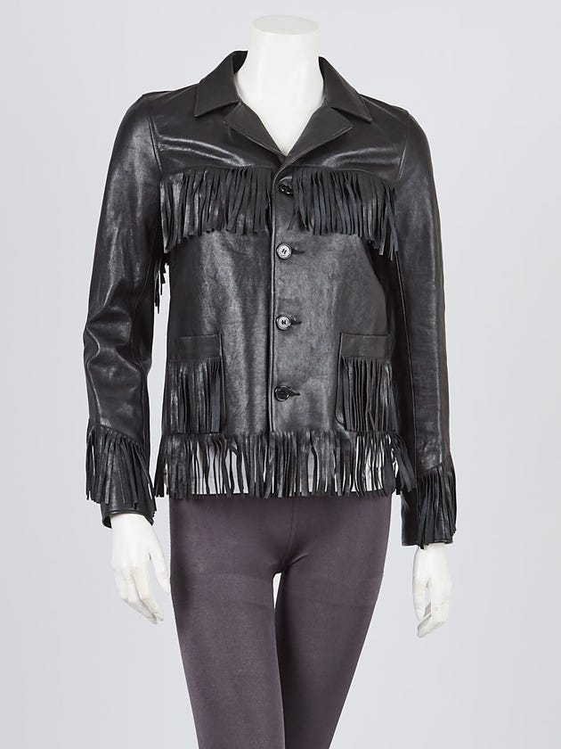 Yves Saint Laurent Black Lambskin Leather Fringe Jacket Size 2/36
