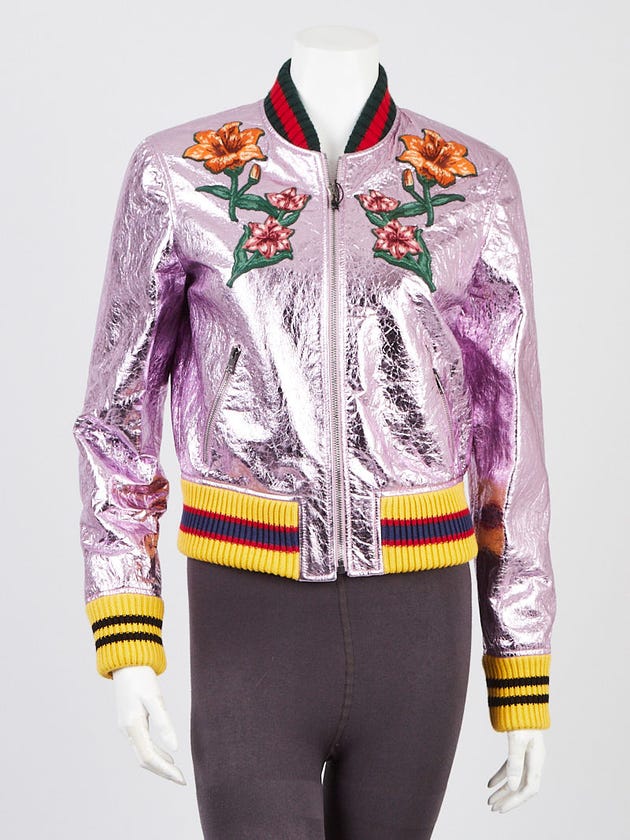 Gucci Pink Metallic Crinkle Leather Embroidered Bomber Jacket Size 8/42
