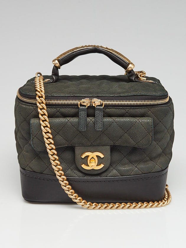 Chanel Black Quilted Matte Caviar Leather Globe Trotter Vanity Case Bag