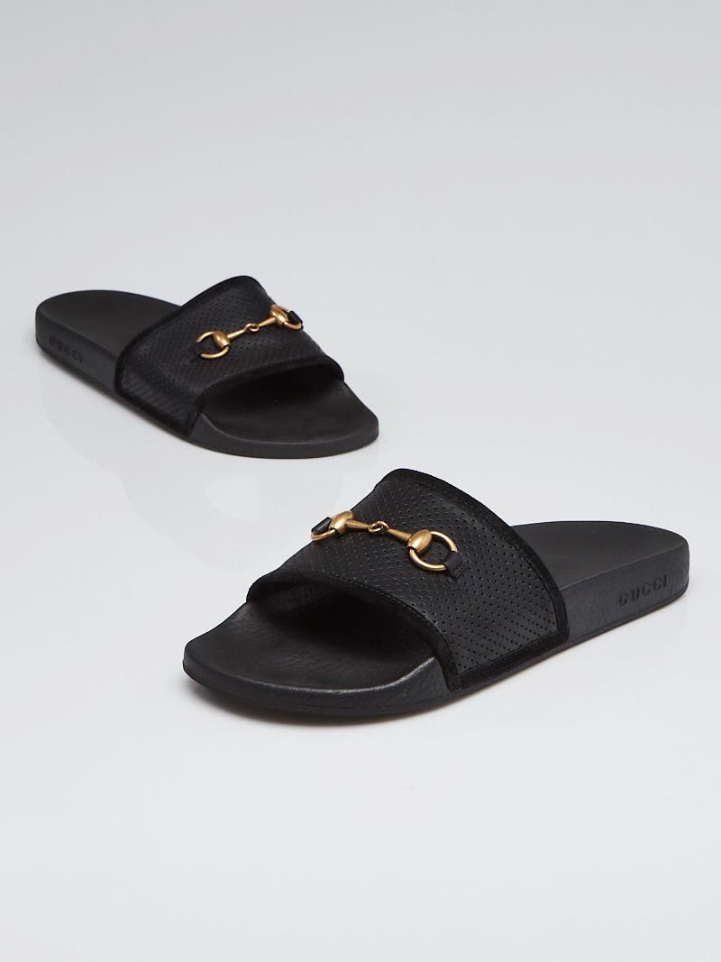 Gucci Black Perforated Leather Horsebit Flat Slide Sandals  display picture 1