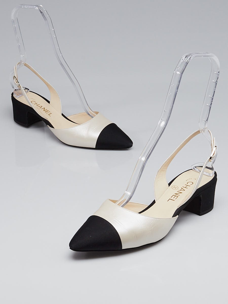 Chanel White/Black Canvas and Tweed CC Slingback Block Heel Pumps Size 38.5  Chanel | TLC