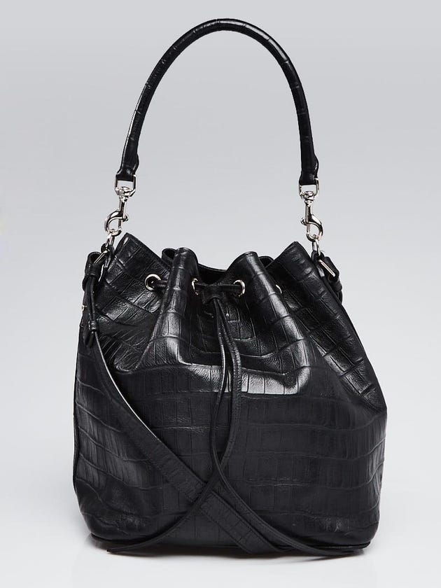 Yves Saint Laurent Black Croc-Embossed Calfskin Leather Emanuelle Bucket Bag