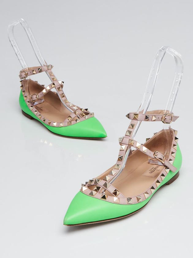 Valentino Green Leather Rockstud Cage Flats Size 6/36.5