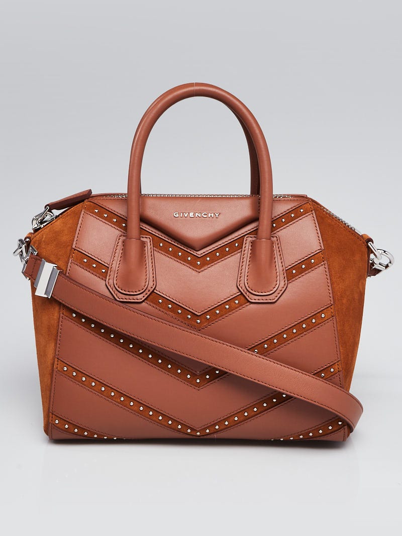 Givenchy Cognac Leather and Suede Studded Chevron Small Antigona