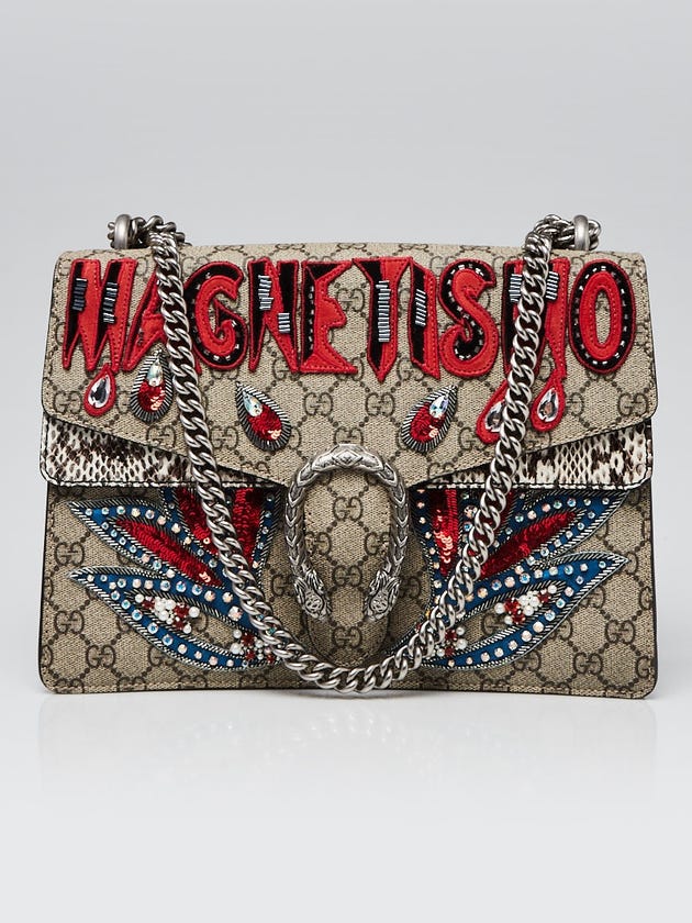 Gucci Beige GG Coated Supreme Canvas and Python Embroidered Magnetismo Medium Dionysus Shoulder Bag
