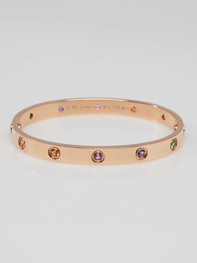 Cartier 18k Pink Gold Sapphire, Garnet and Amethyst LOVE Bracelet Size 17