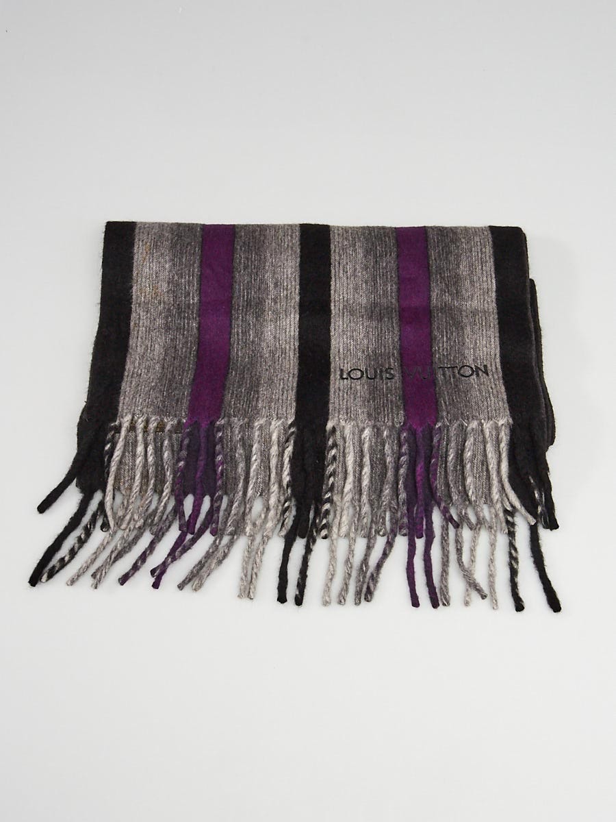 Louis Vuitton Black/Grey/Purple Wool and Cashmere Striped Fringe Scarf -  Yoogi's Closet
