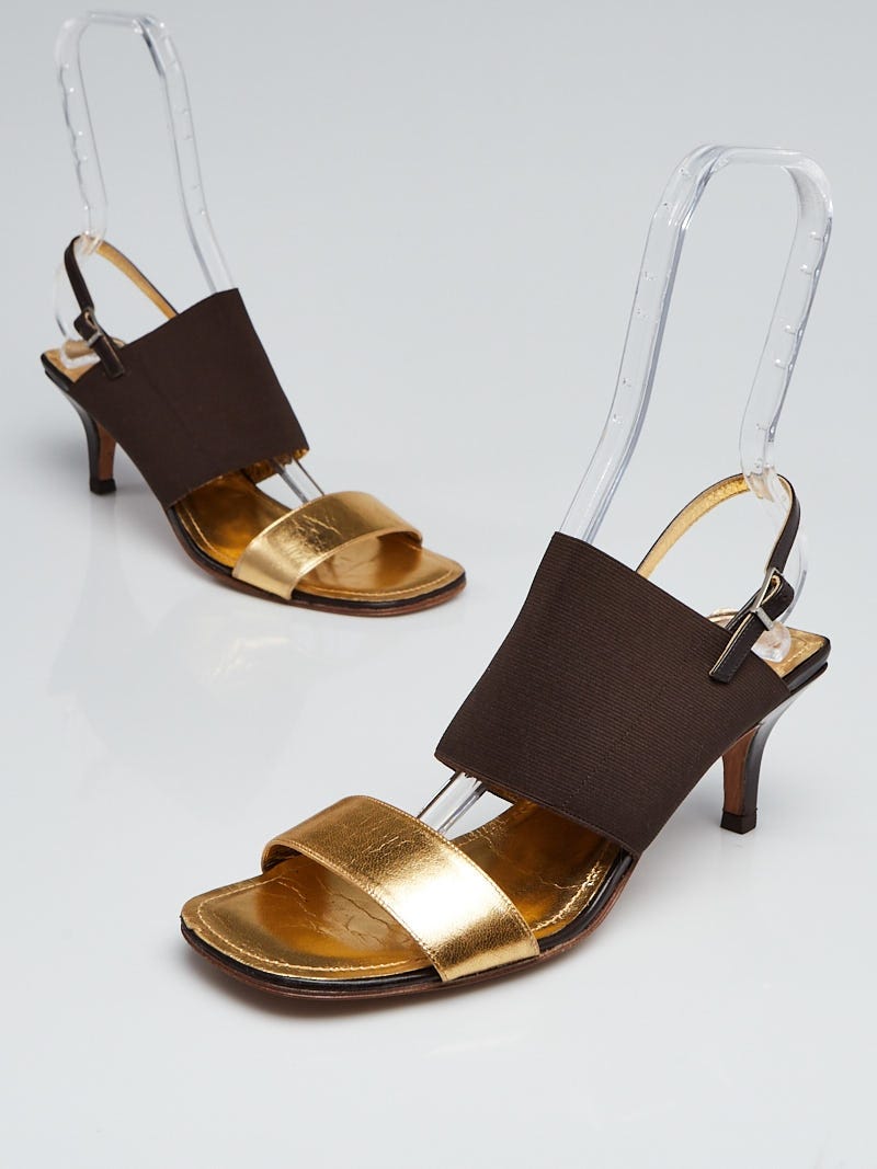 Chanel Gold Leather Brown Elastic Sandals Size 8.5/39 - Yoogi's Closet