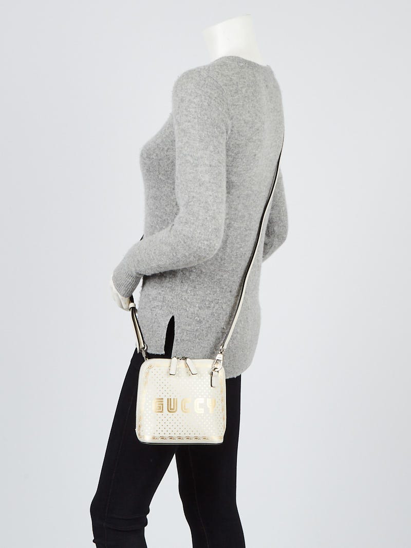 Gucci White/Gold Leather GUCCY Mini Crossbody Bag | Yoogi's Closet