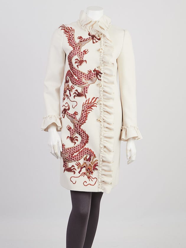 Gucci Ivory Wool Dragon Embroidered Ruffle Coat Size 4/38 | Yoogi's Closet Gucci Ivory Wool Dragon Embroidered Ruffle Coat Size 4/38 | Yoogi's Closet
