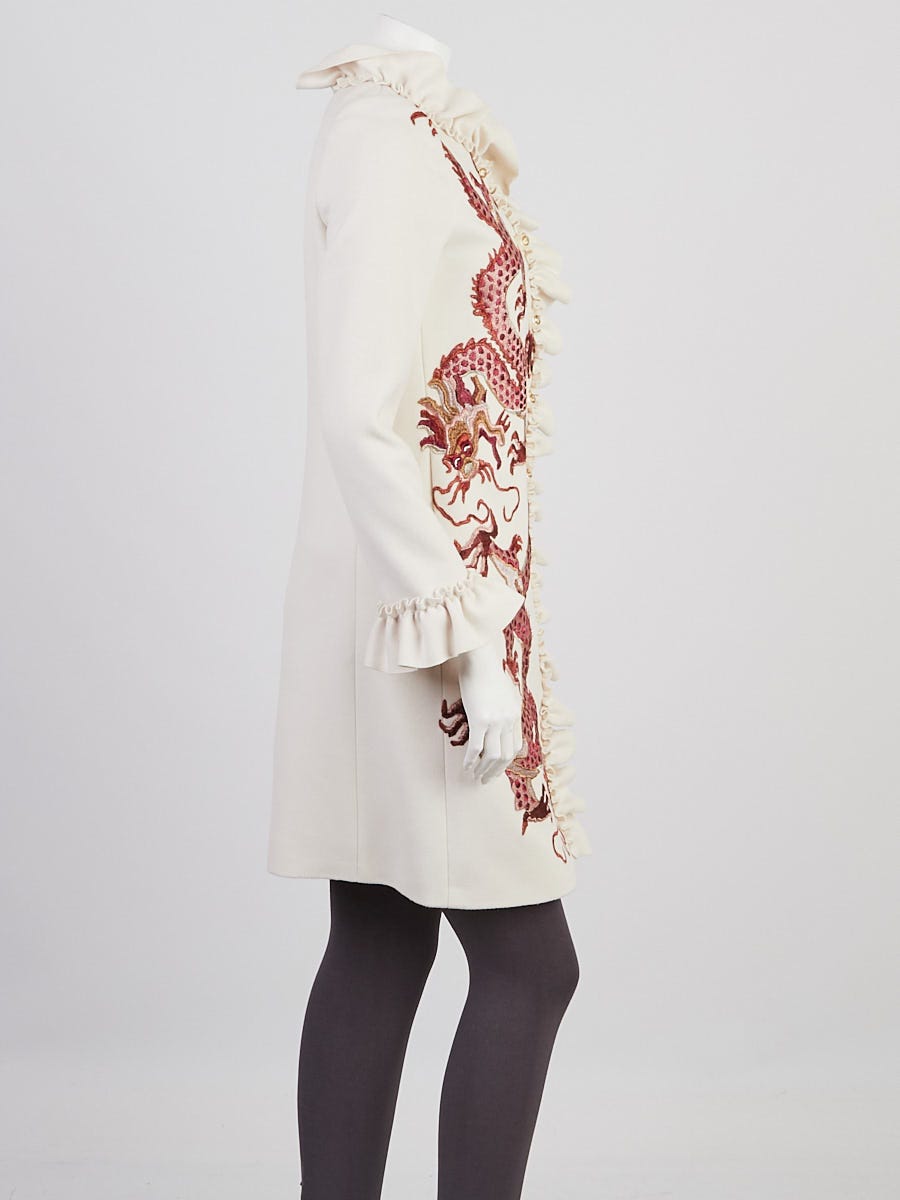 Gucci Ivory Wool Dragon Embroidered Ruffle Coat Size 4 38