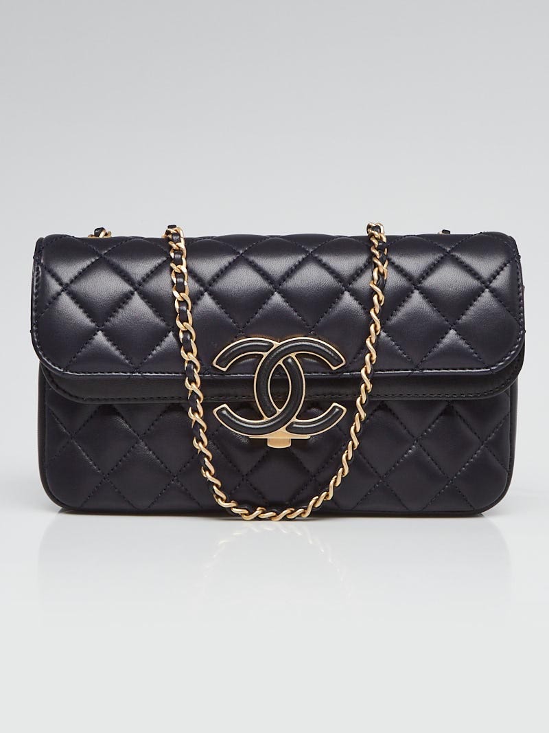 Chanel Dark Navy Blue Black Quilted Lambskin Leather Enamel CC Flap Bag Yoogi s Closet