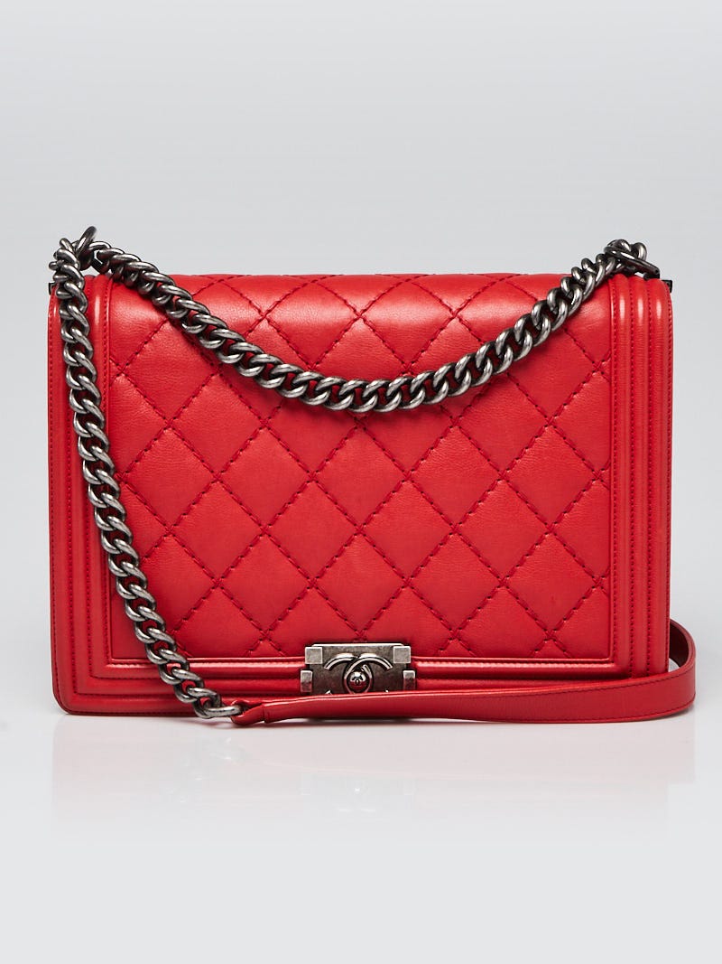 Chanel Red Diamond Stitch Calfskin Leather Large Boy Bag