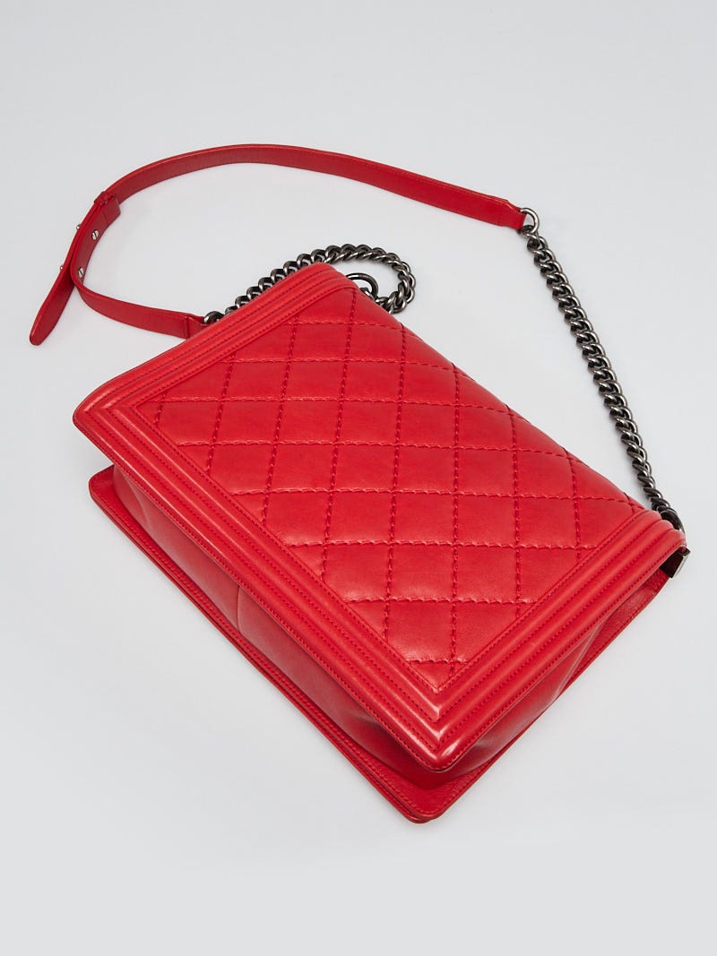 Chanel Red Diamond Stitch Calfskin Leather Large Boy Bag Yoogi s