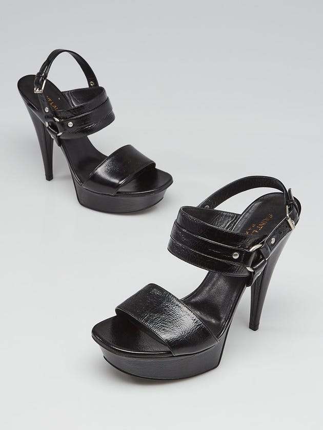 Yves Saint Laurent Black Crinkle Leather Open Toe Sandals Size 7/37.5