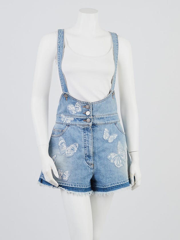 Valentino Blue Denim Butterfly Applique Overall Shorts Size 10/44