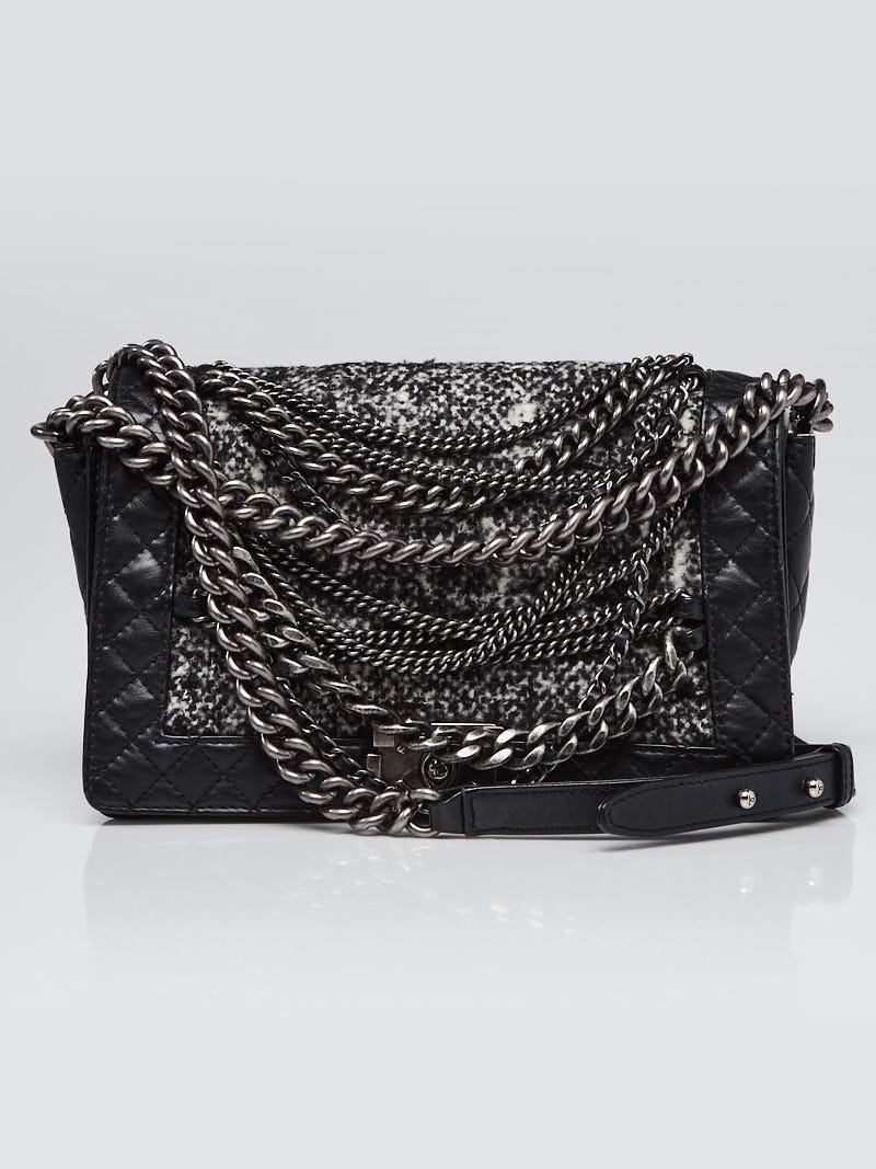Chanel Black Leather and Wool Tweed Enchained Medium Boy Bag Yoogi s Closet