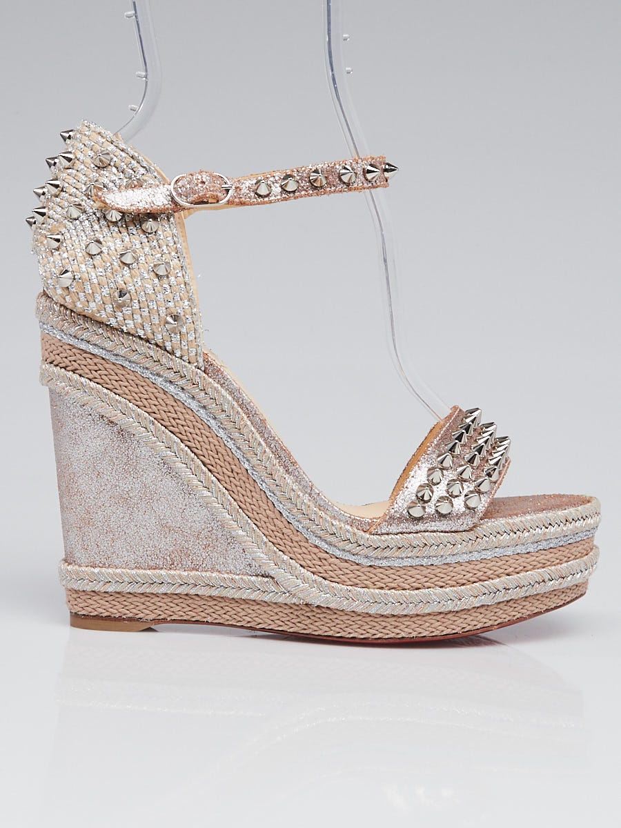Christian Louboutin Silver/Beige Leather Madmonica Spiked 120 Wedges Size  6.5/37 | Yoogi's Closet