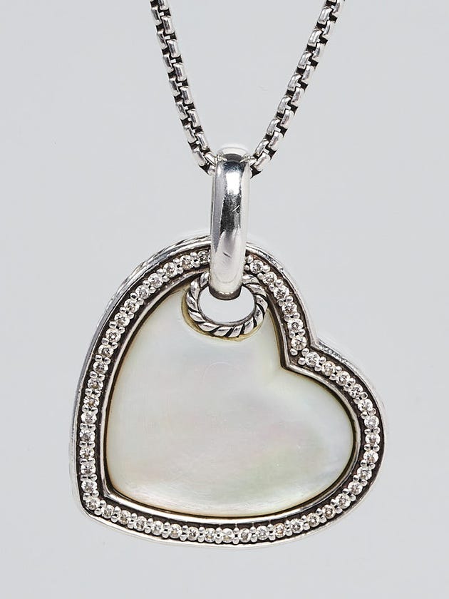 David Yurman Sterling Silver Mother-of-Pearl & Pave Diamonds Cable Heart Pendant Necklace