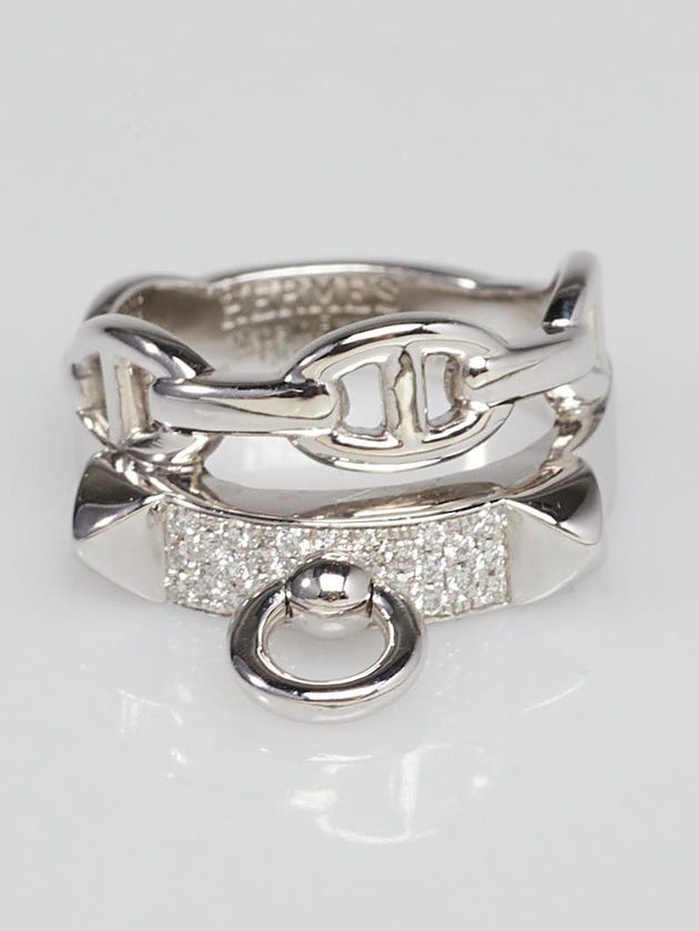 Hermes 18k White Gold and Diamond Collier de Chien Double Tour Ring Size 4.25/4
