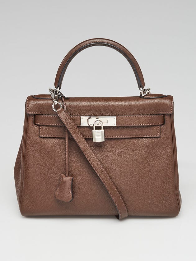Hermes 28cm Chocolate Togo Leather Palladium Plated Kelly Retourne Bag