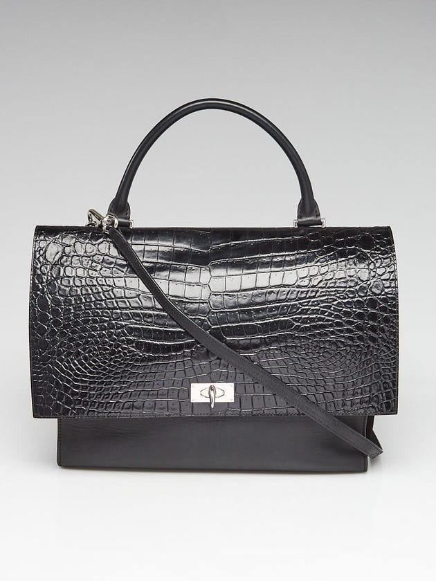 Givenchy Black Croc Embossed Leather Medium Shark Lock Satchel Bag