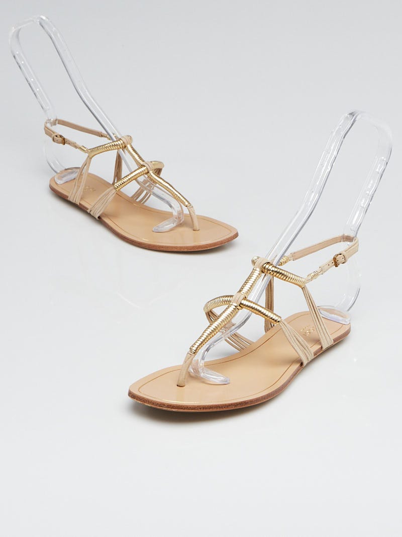 Gucci Gold Leather and Suede Flat Sandals Size 7 37.5 Yoogi s Closet