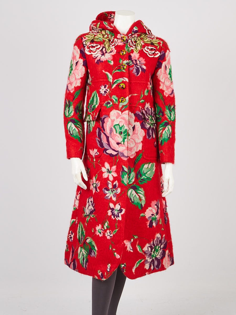 Gucci Red/Pink Floral Print Brushed Mohair Button Down Coat Size 40 