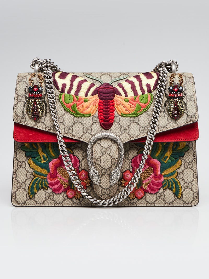 Gucci Beige GG Supreme Canvas Embroidered Moth Flowers Medium Dionysus Shoulder Bag Yoogi s Closet