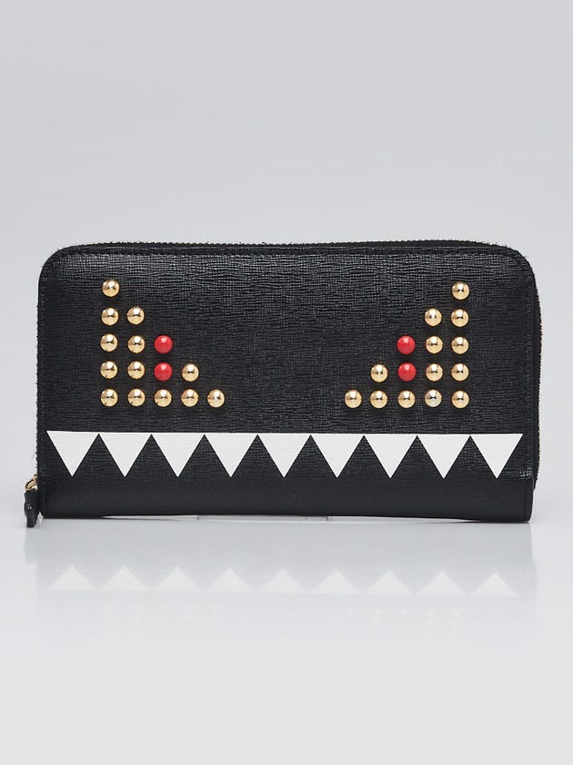 Fendi Black Saffiano Leather Studded Monster Eyes Continental Wallet