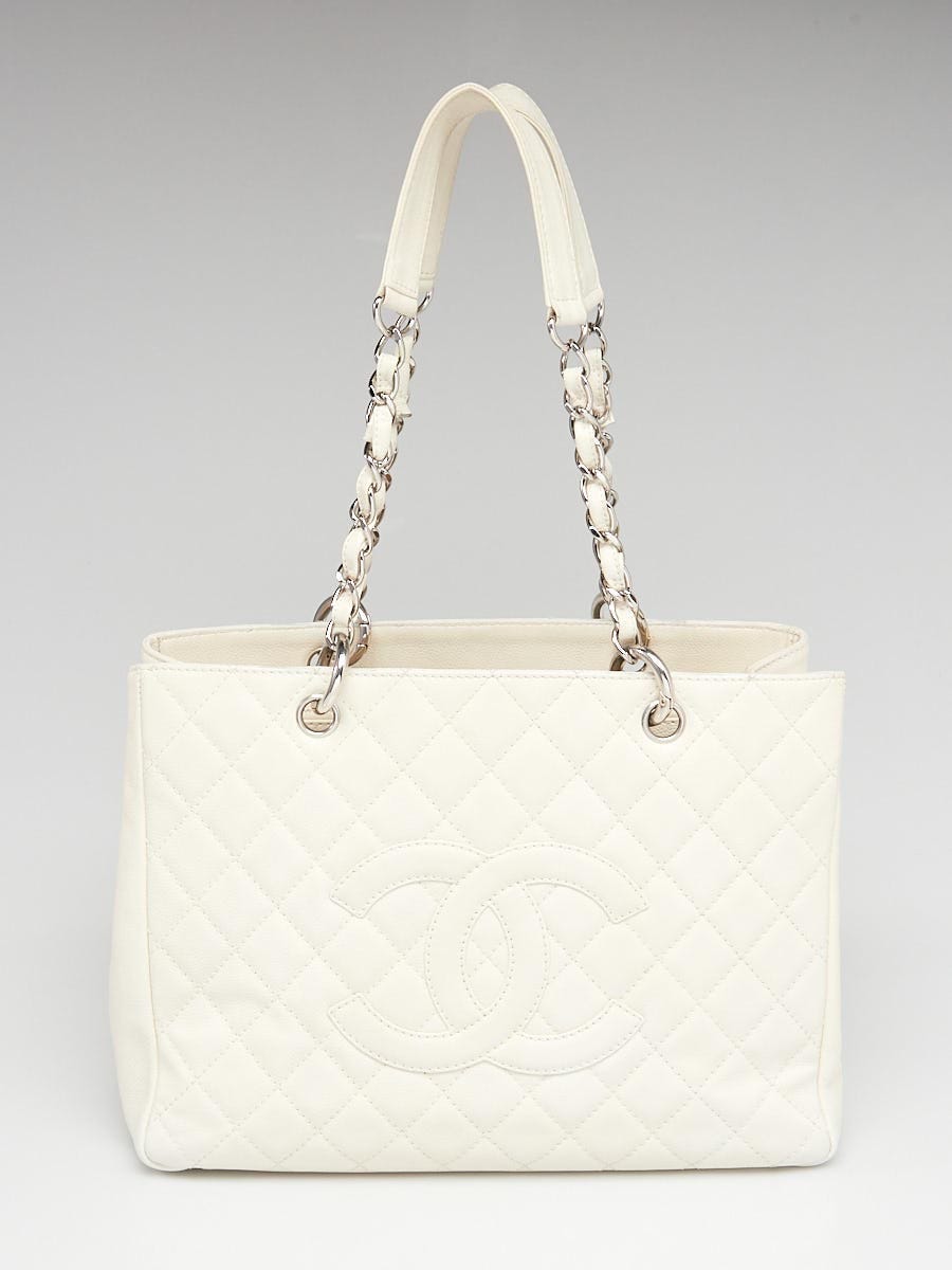 Authentic Chanel White Caviar Leather Quilted Grand Shopper Tote