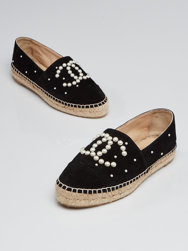 Chanel Black Suede and Faux Pearl CC Espadrille Flats