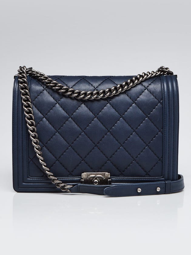 Chanel Blue Quilted Calfskin Leather Large Boy Bag