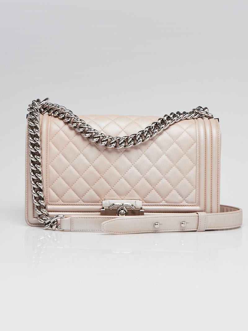 Chanel Pearl Pink Iridescent Quilted Leather Medium Boy Bag - Yoogi's Closet