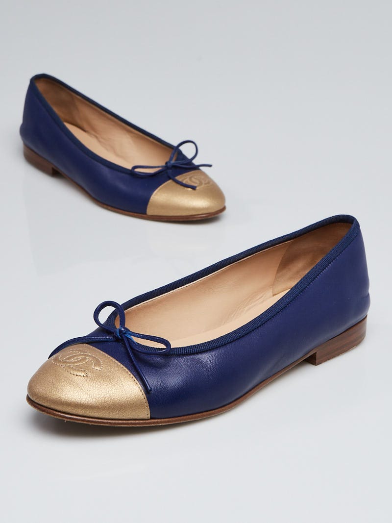 Chanel Blue/Gold Lambskin Leather CC Cap Toe Ballet Flats Size 5.5/36 -  Yoogi's Closet