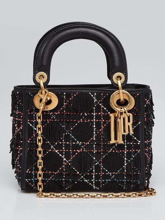 Christian Dior Black Leather Beaded Fringe Mini Lady Dior Bag