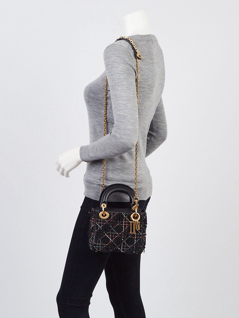 Christian Dior Black Leather Beaded Fringe Mini Lady Dior Bag