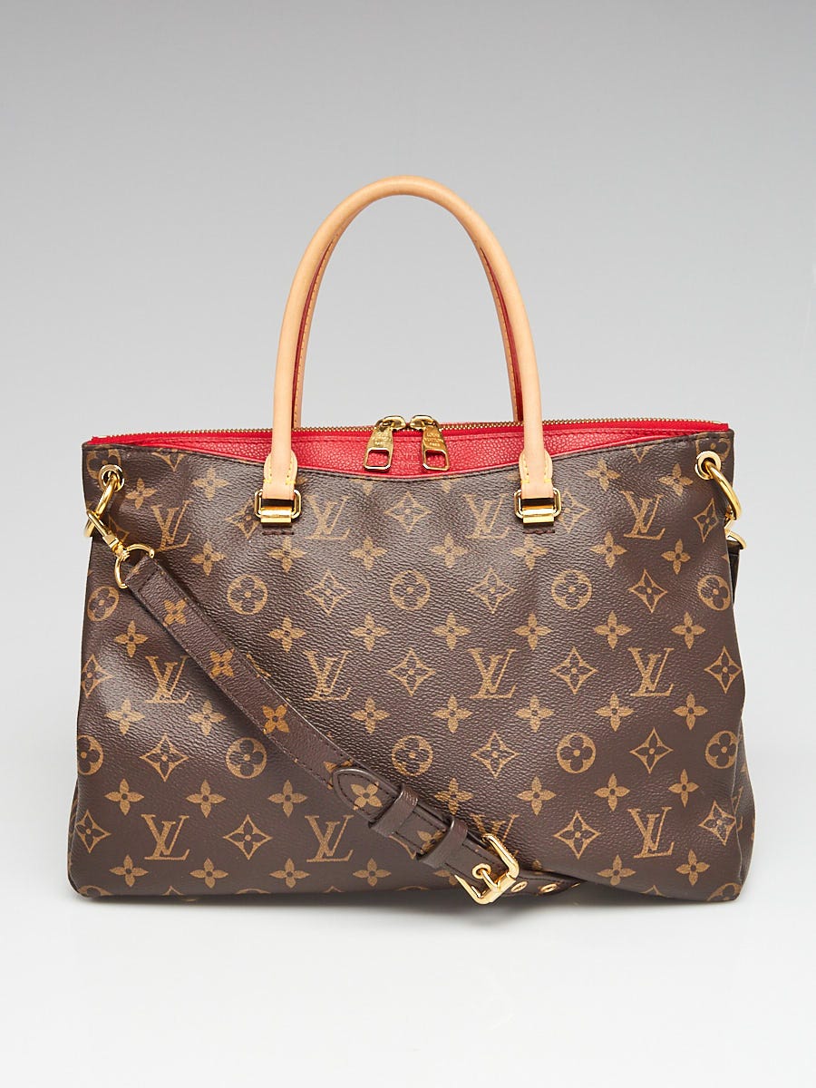 Louis Vuitton Brown Monogram Coated Canvas and Cerise Leather Pallas mm Gold Hardware (Very Good), Brown/Red Womens Handbag