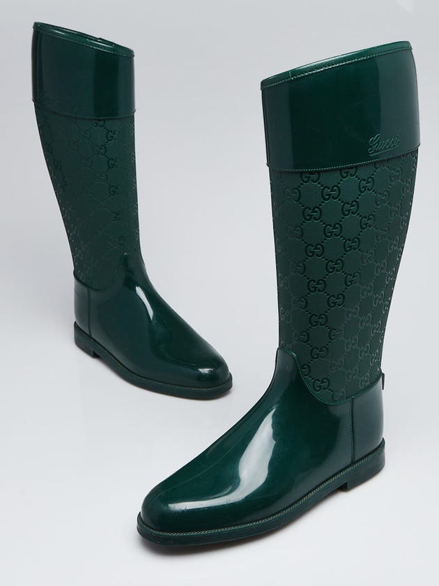 Gucci Green GG Rubber Flat Rain Boots Size 6.5/36