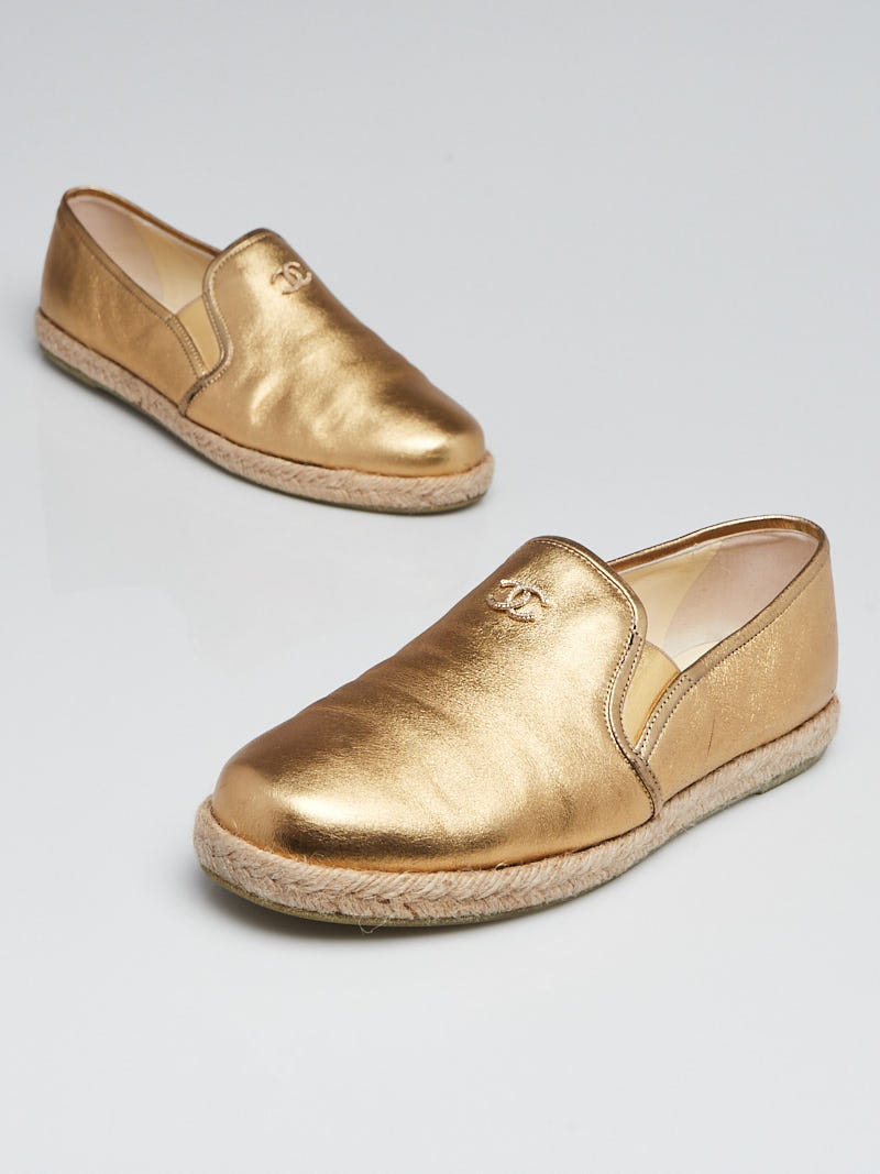 Chanel Gold Lambskin Leather CC Espadrille Flats Size 8.5/39 - Yoogi's  Closet