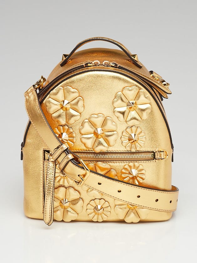 Fendi Gold Leather Flowerland Backpack Style Crossbody Bag 8BT281