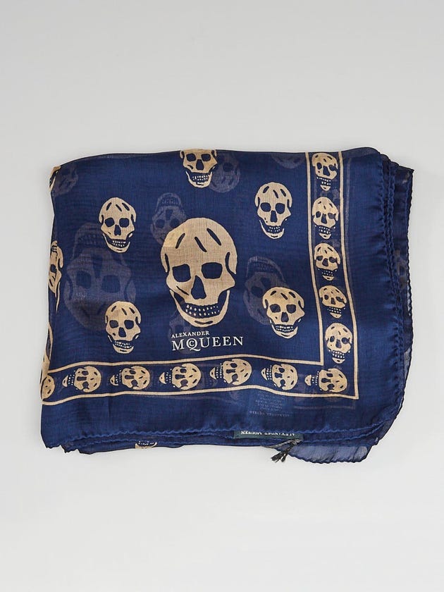 Alexander McQueen Blue/Beige Silk Chiffon Classic Skull Scarf