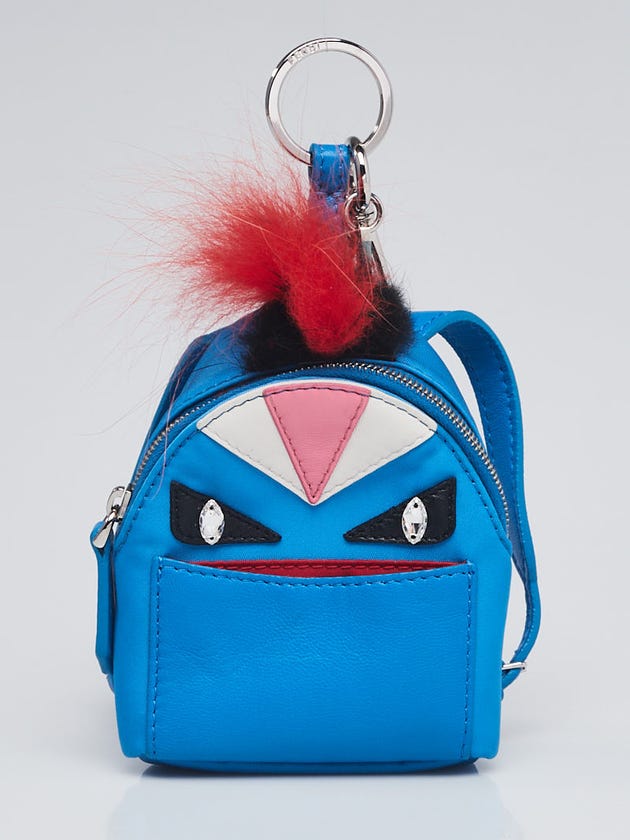 Fendi Blue Nylon/Leather Monster Eyes Fur Backpack Key Chain and Bag Charm 7AR457