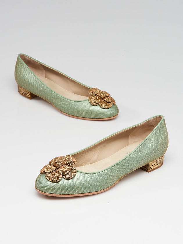 Chanel Vert Fonce Fabric and Gold Camellia Flower Low-Heeled Flats Size 9/39.5
