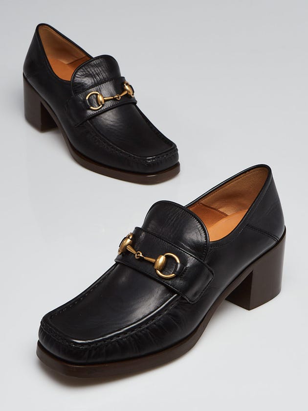 Gucci Black Leather Horsebit Mid-Heel Loafer Size 10/40.5