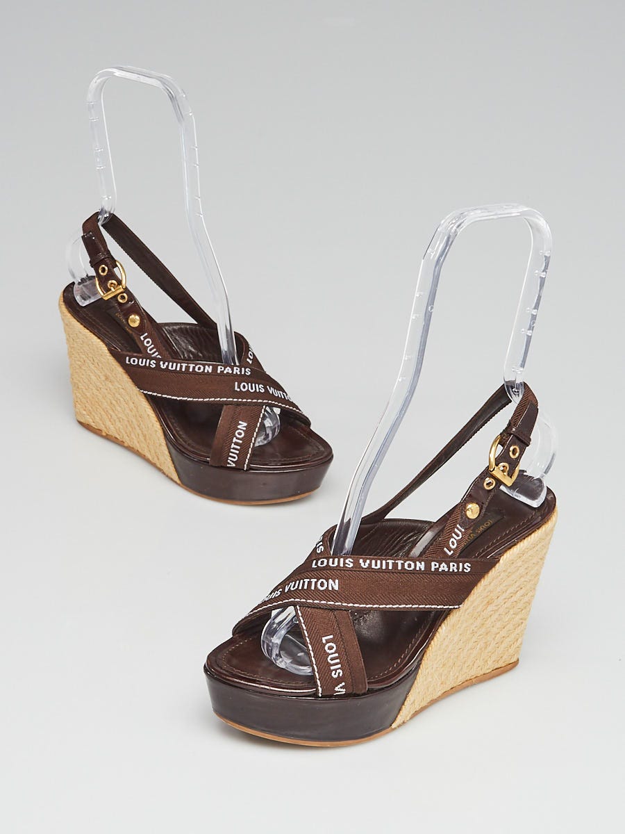 Louis Vuitton Brown Patent and Canvas Wedge Ankle Strap Sandals Size 36.5 Louis  Vuitton